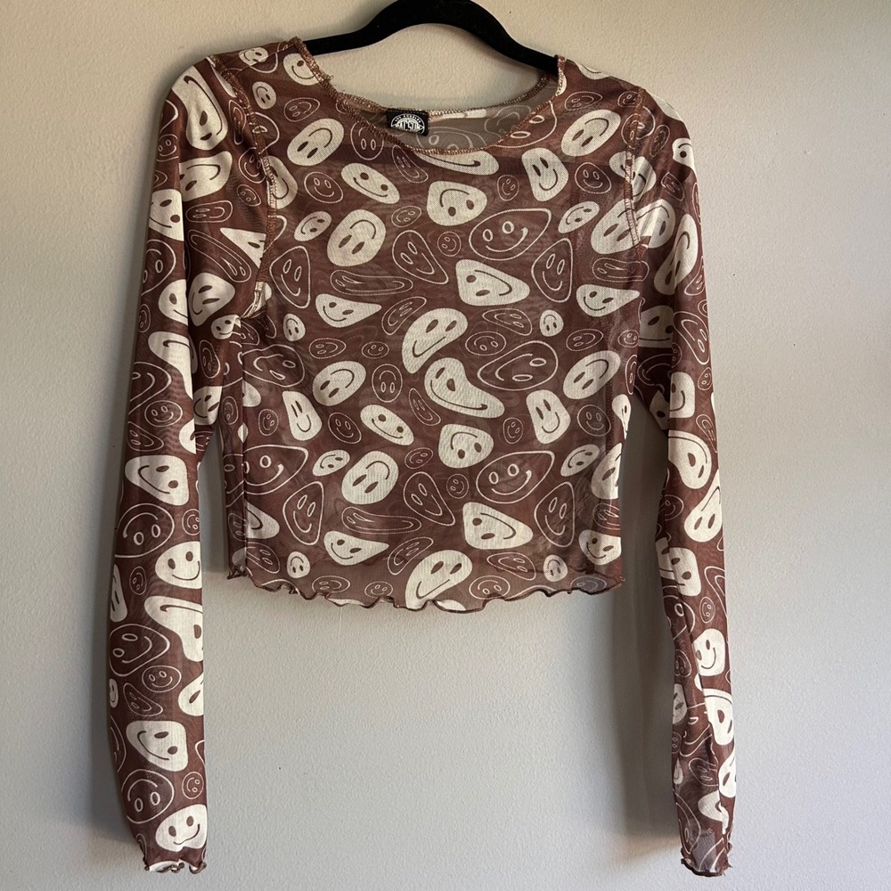 PacSun‎ Brown Trippy Smiley Face Sheer Mesh Long Sleeve Crop Top Small